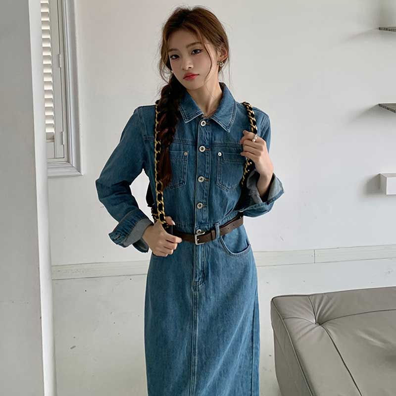 ベルト付きフロントボタンデニムワンピース