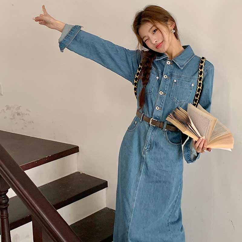 ベルト付きフロントボタンデニムワンピース