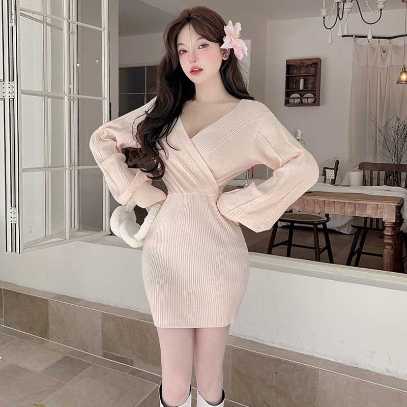 ボリューム袖ケーブルニットワンピース(5colors)