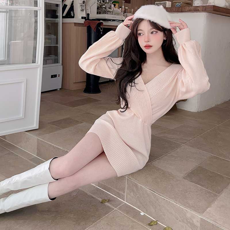 ボリューム袖ケーブルニットワンピース(5colors)