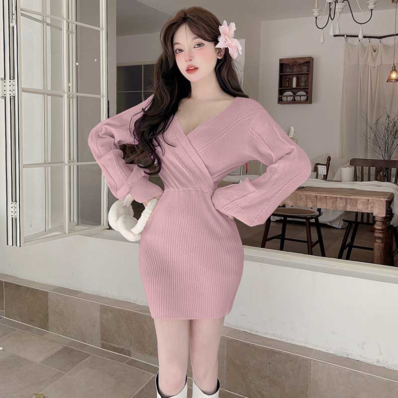 ボリューム袖ケーブルニットワンピース(5colors)