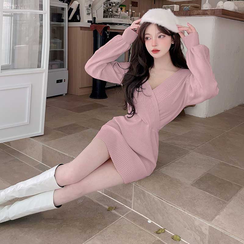 ボリューム袖ケーブルニットワンピース(5colors)