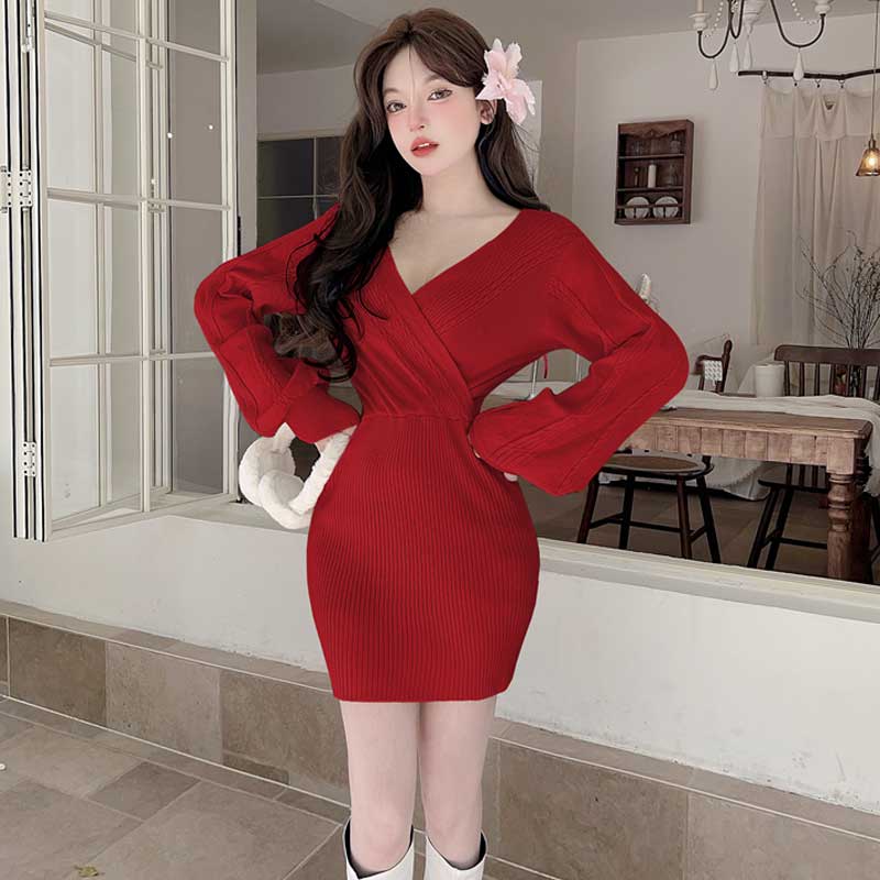 ボリューム袖ケーブルニットワンピース(5colors)