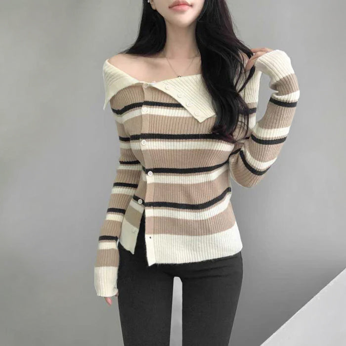 オフショルダーアシメボーダーニット(3colors)