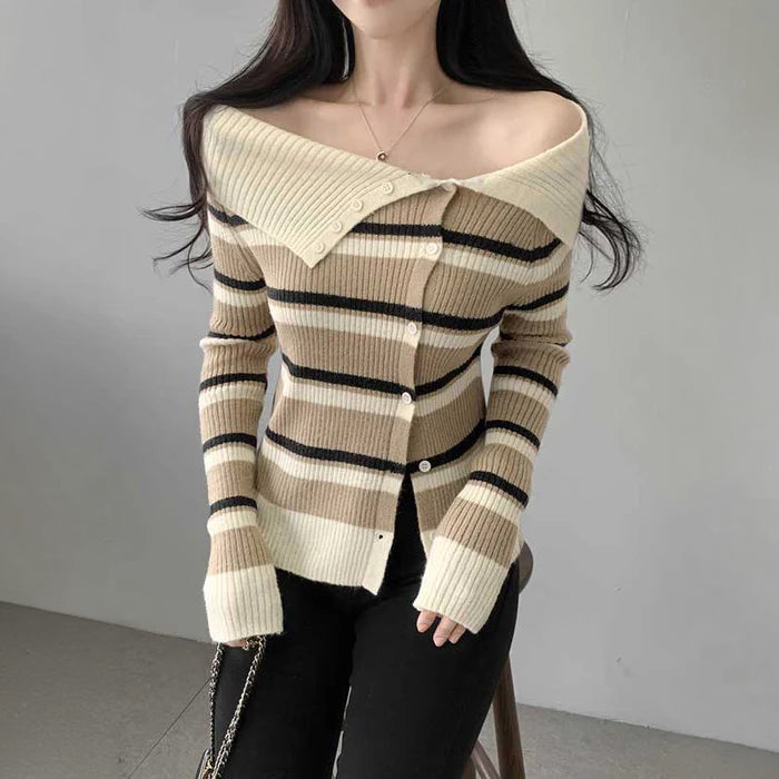 オフショルダーアシメボーダーニット(3colors)