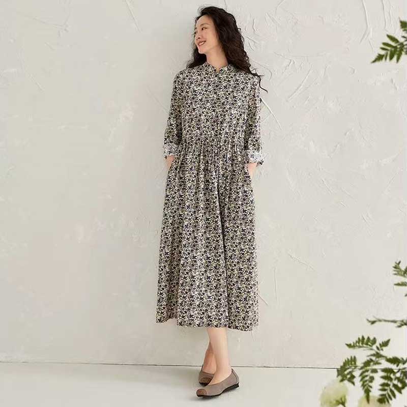 スタンドカラーコットンフラワーワンピース