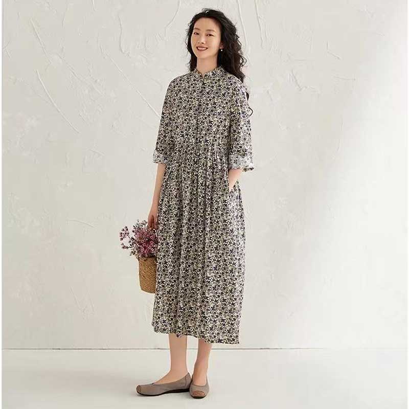 スタンドカラーコットンフラワーワンピース
