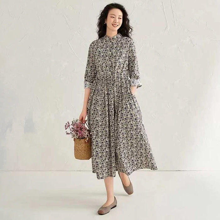 スタンドカラーコットンフラワーワンピース