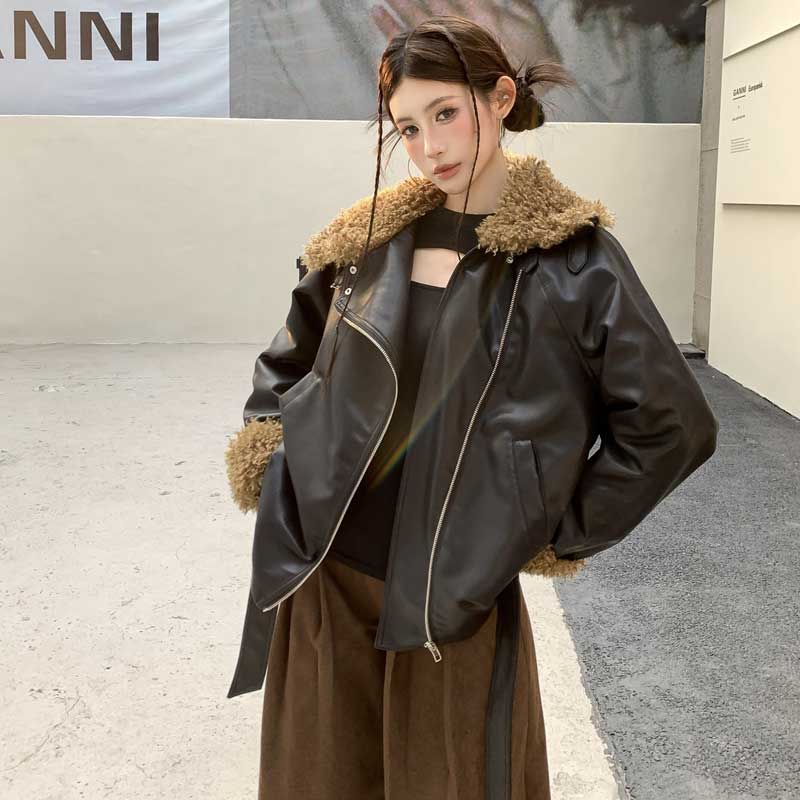 ボアコンビネーションライダースジャケット(2colors)（黒・茶）秋/冬