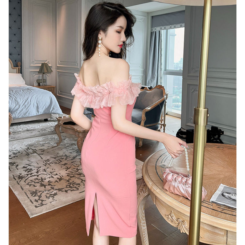 オフショルダーペンシルラインフリルドレス