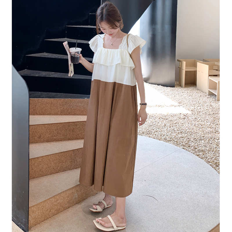 ラッフルスクエアネックバイカラーマキシワンピース