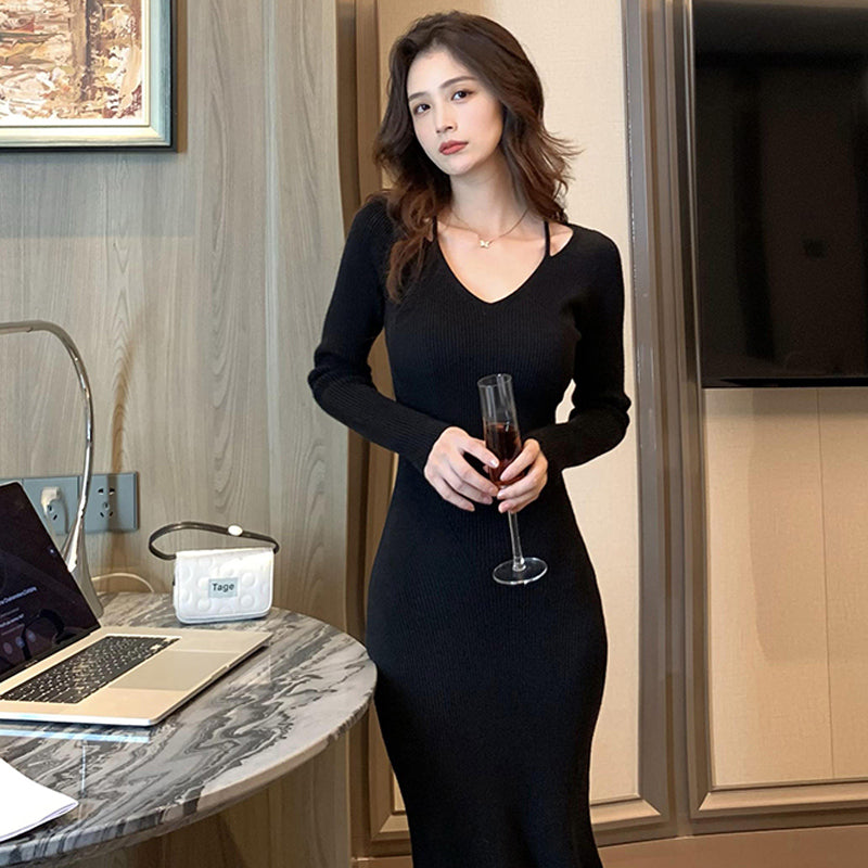 Vネックタイトニットワンピース(5colors)