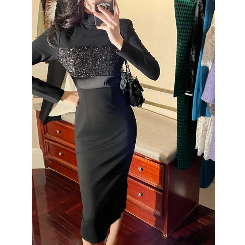 ボトルネックグリッターコンビペンシルワンピース