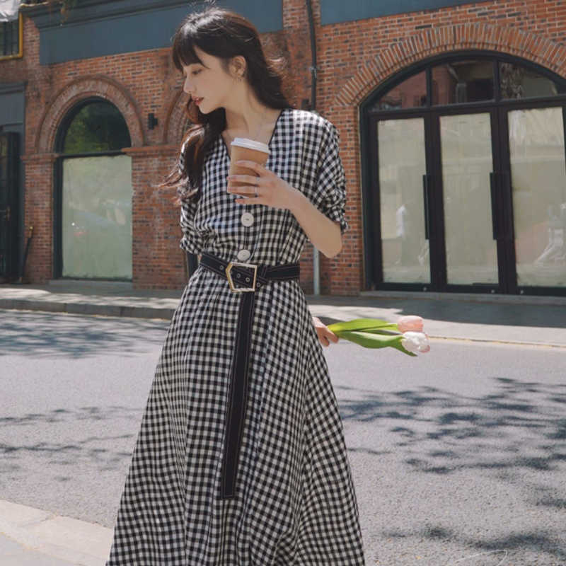 ビッグフロントボタンギンガムチェックマキシワンピース