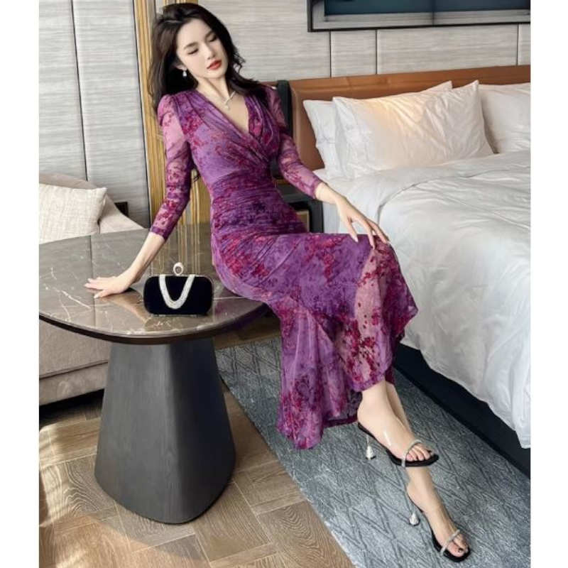 花柄シアーカシュクールマーメイドワンピース(2colors)