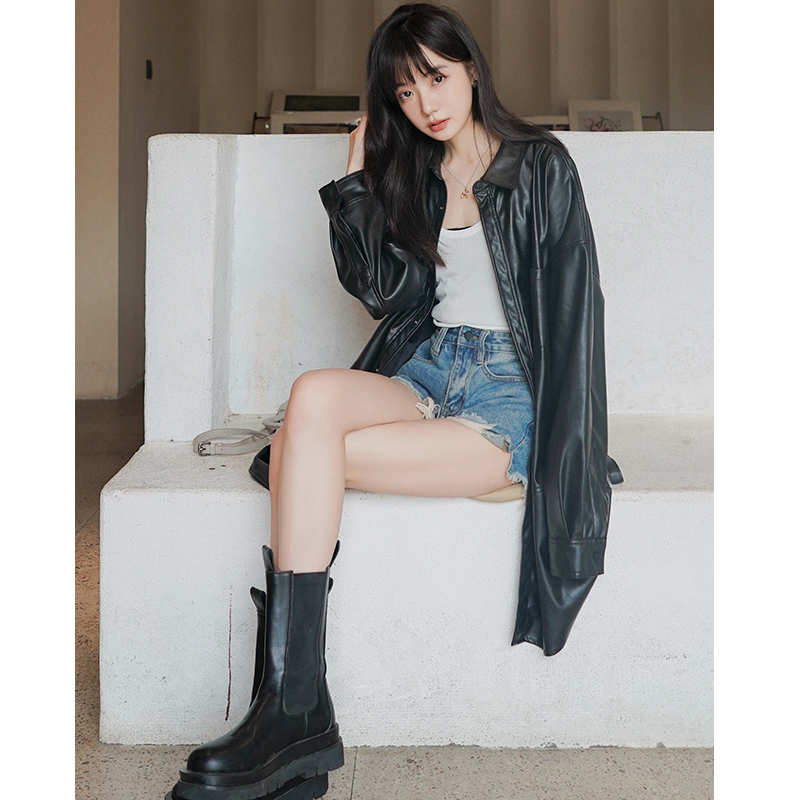 エコレザーオーバーシャツワンピース