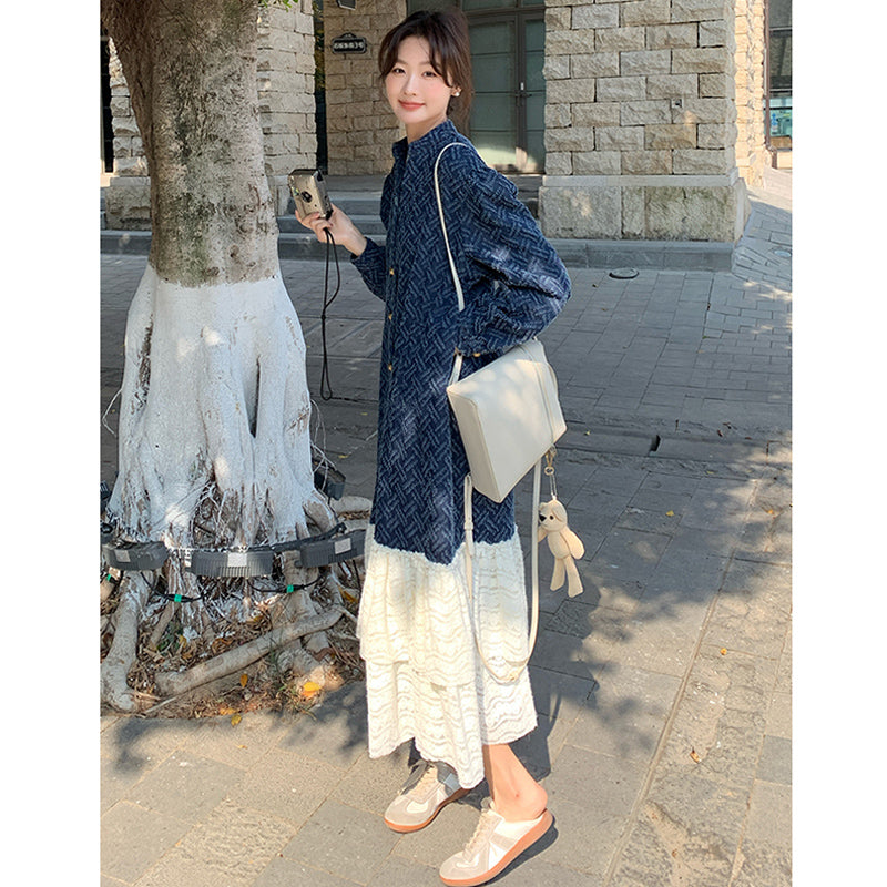 ジャガードデニム×レースティアードロングワンピース