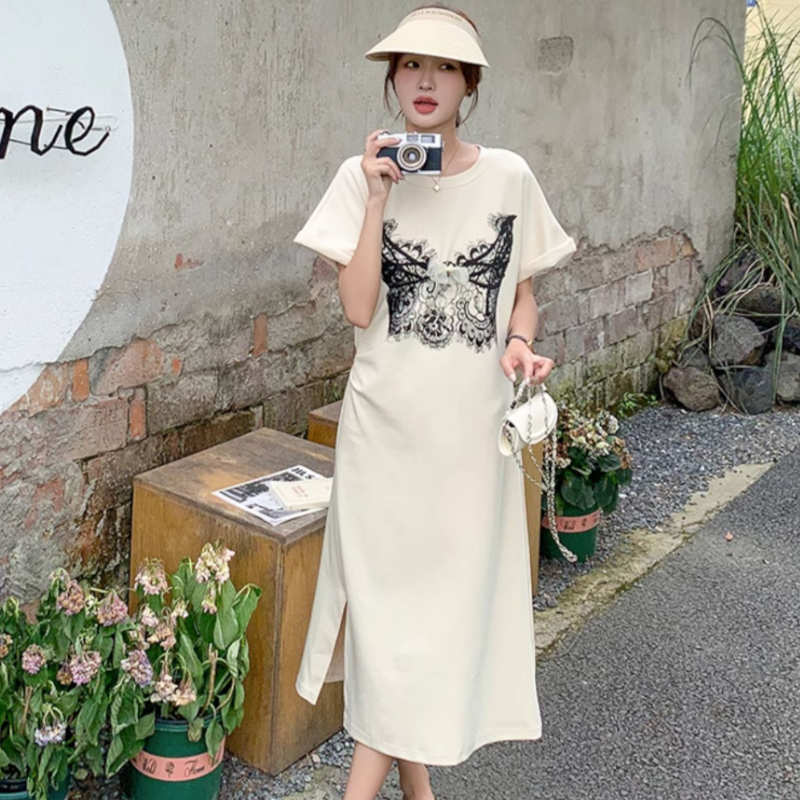 レースプリントゆるTシャツワンピース