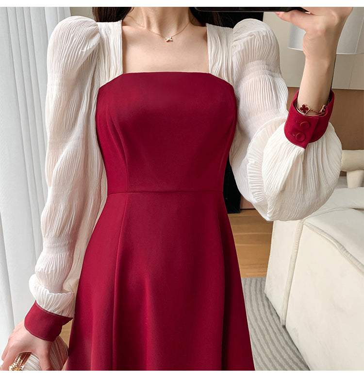 異素材ランタンスリーブバイカラーロングワンピース