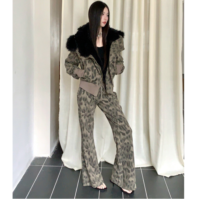 レオパードスウェットファーパーカー×パンツセット