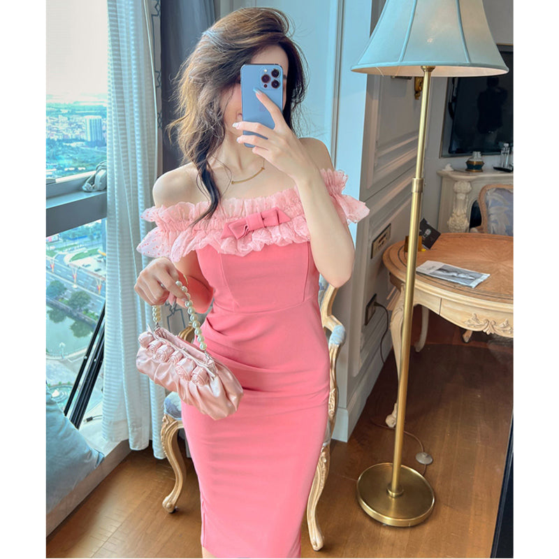 オフショルダーペンシルラインフリルドレス