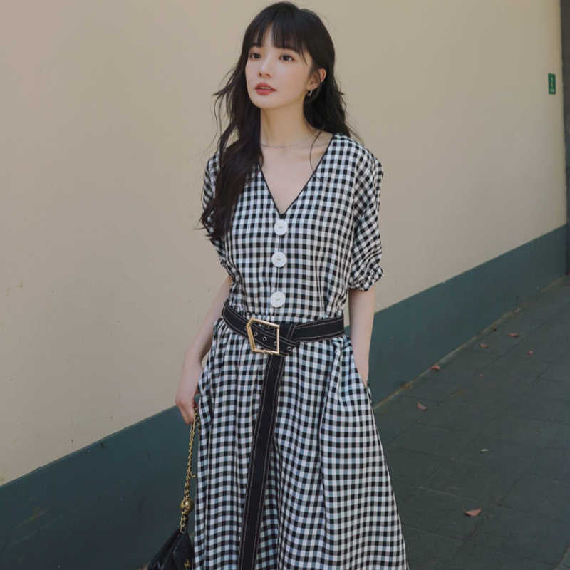 ビッグフロントボタンギンガムチェックマキシワンピース