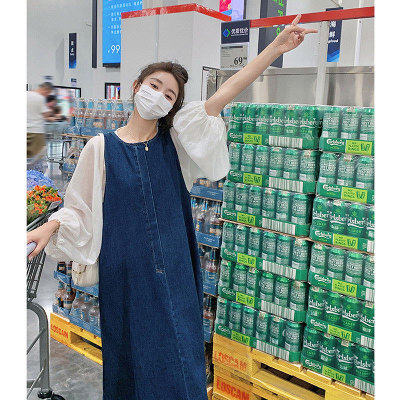 バルーンスリーブシャツ×デニムロングワンピース