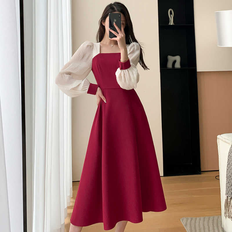 異素材ランタンスリーブバイカラーロングワンピース