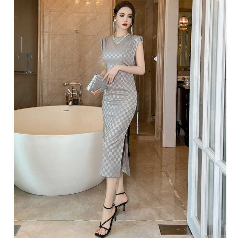 サテン風ブロックチェックフレンチスリーブワンピース