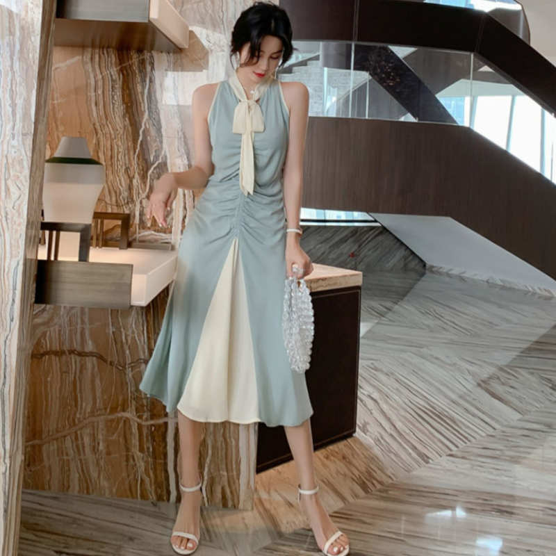 ボウタイフロントギャザーバイカラーワンピース