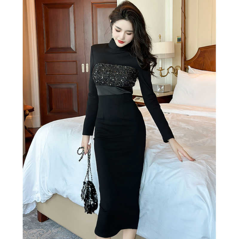 ボトルネックグリッターコンビペンシルワンピース