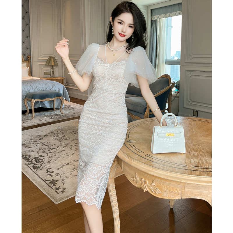 シアーフレアスリーブ総レースペンシルワンピース