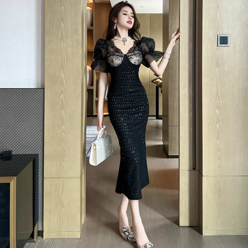 シアーキャンディースリーブレースマーメイドワンピース