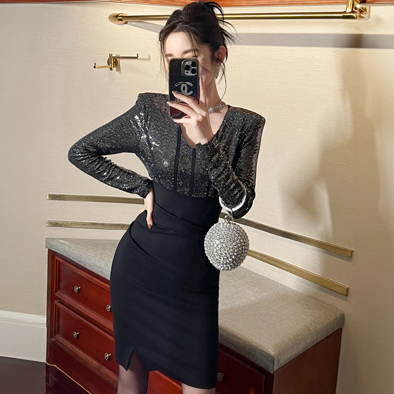 Vネックスパンコールボディコンシャスドレス(2colors)