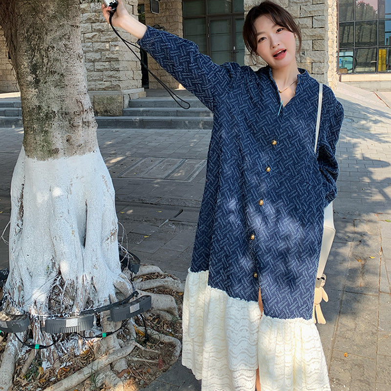 ジャガードデニム×レースティアードロングワンピース