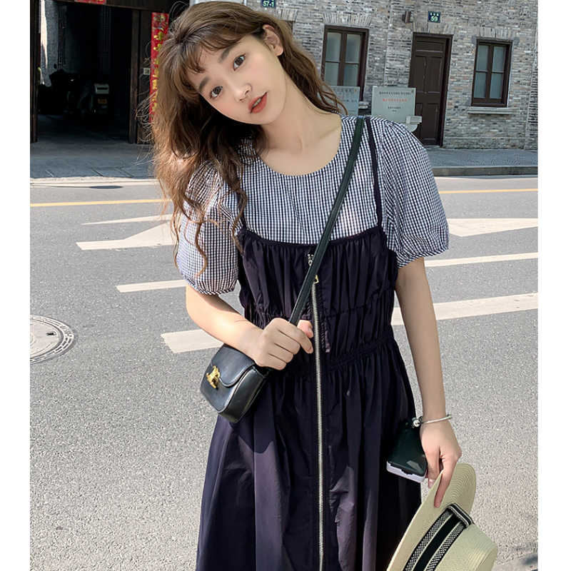 ギンガムチェックブラウスコンビフロントジッパーワンピース