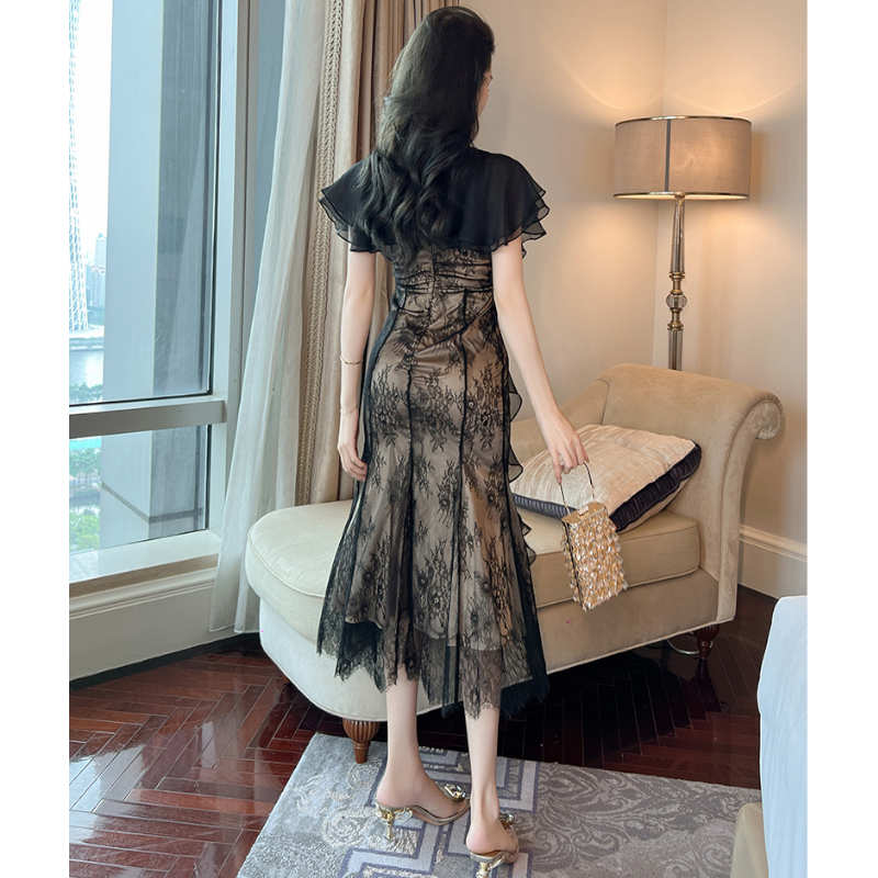 ラッフルケープコンビシアーレースマーメイドワンピース