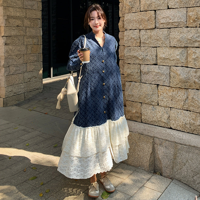 ジャガードデニム×レースティアードロングワンピース