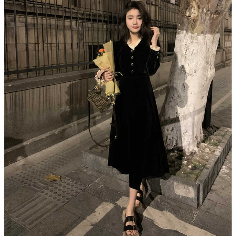 レースコンビフロントボタンベロアロングワンピース