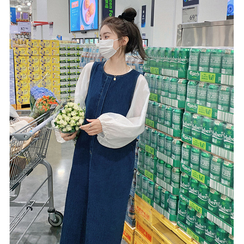 バルーンスリーブシャツ×デニムロングワンピース