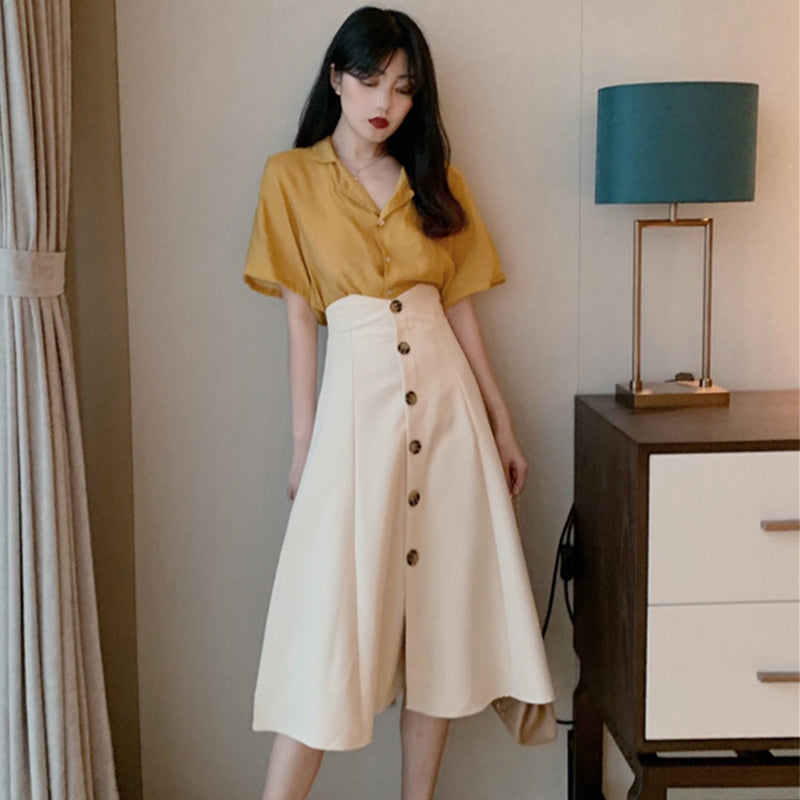 【即納】イエローオープンカラーシャツ×フロントボタンフレアスカート