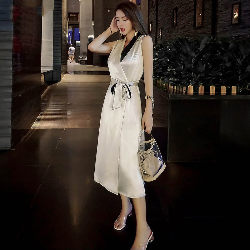 ウエストリボンバイカラーカシュクールサテンワンピース