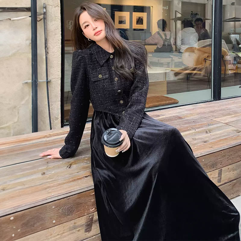 異素材ブラックワンピース（ブラック）フォーマルなシーンにも！