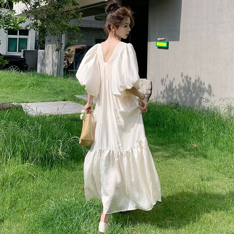 Vネックフレンチパフスリーブロングワンピース