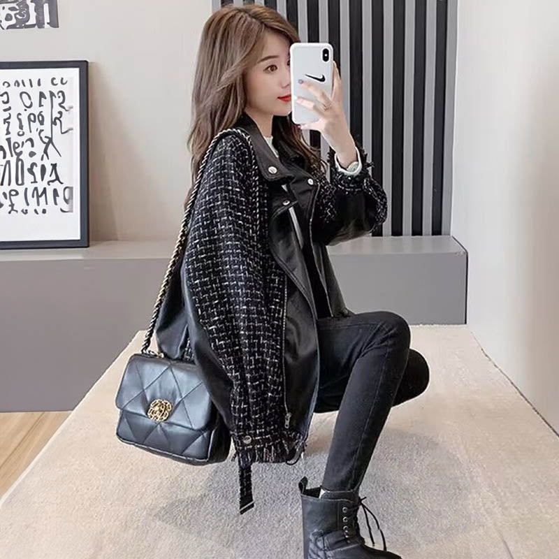 レザーコンビツイードオーバージャケット