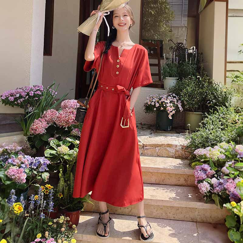 ラウンドネックレトロワンピース