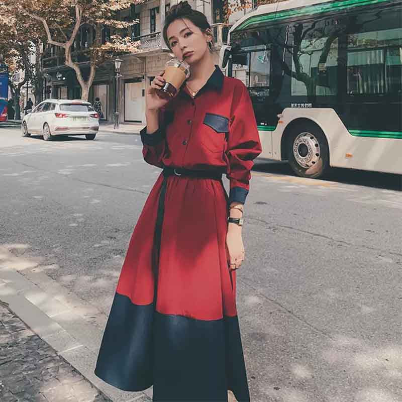 レッド×ネイビーバイカラーAラインワンピース