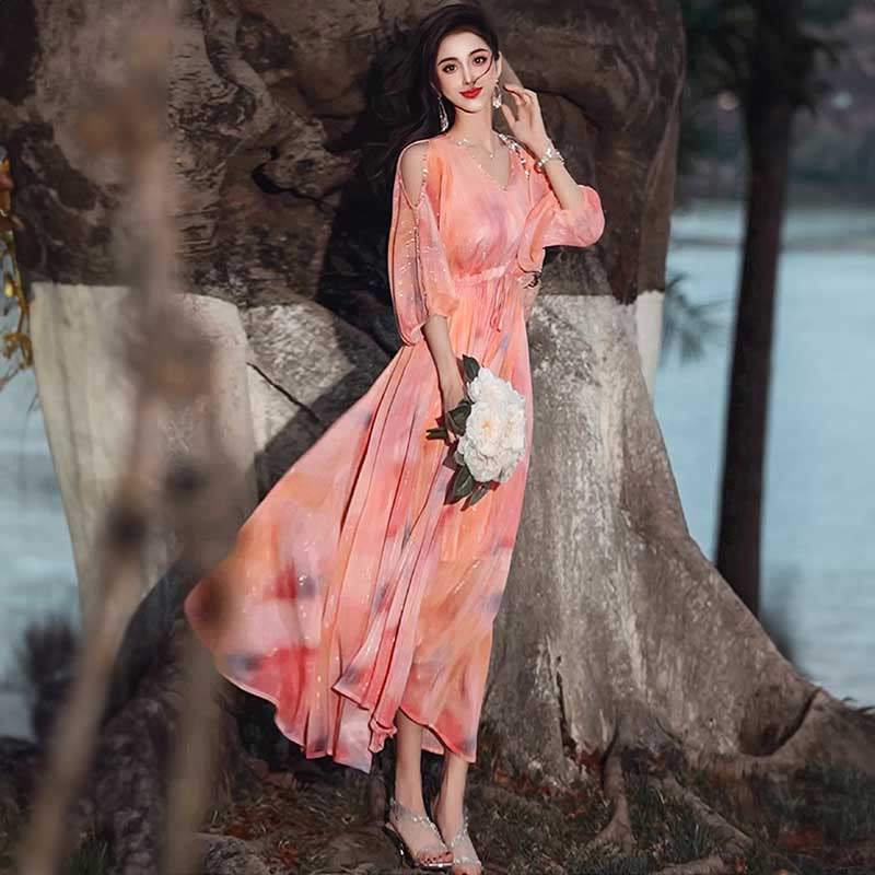 【即納】オープンショルダーシフォンワンピース