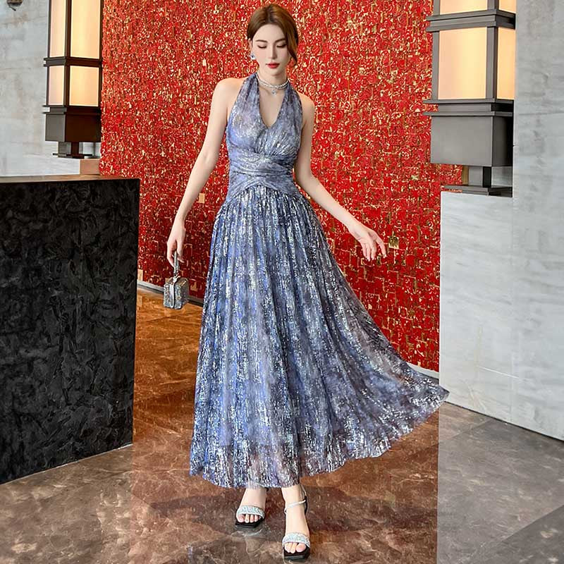 ホルターネックインクプリントロング丈パーティードレス(2colors)