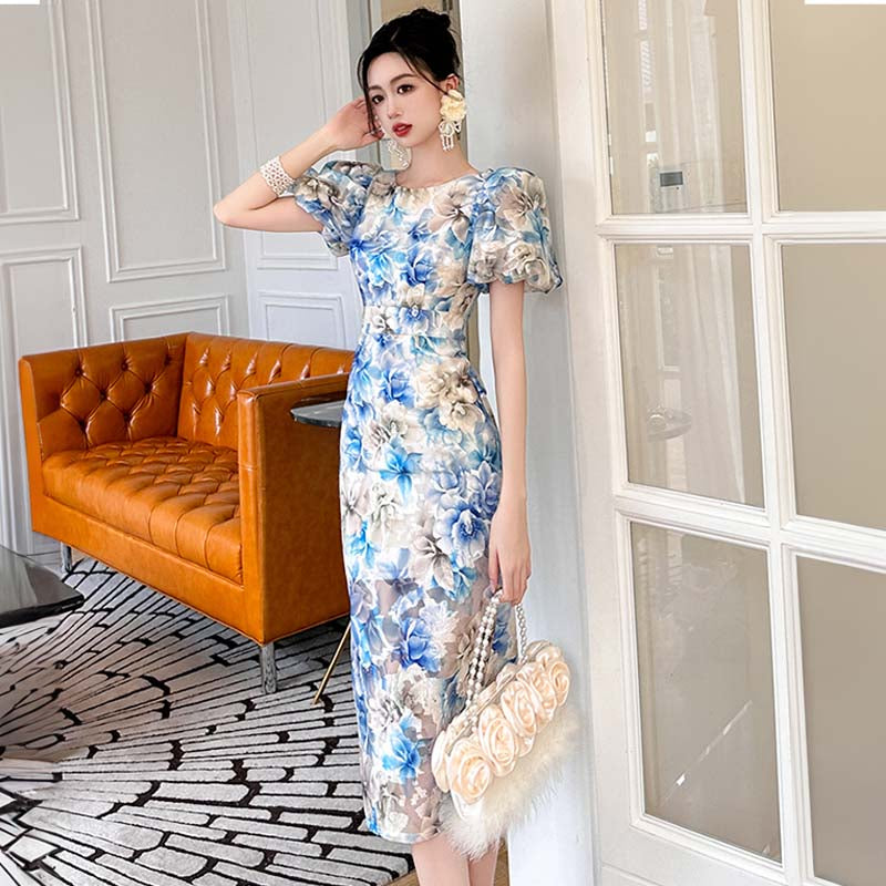 パフスリーブ花柄ミディ丈ワンピース